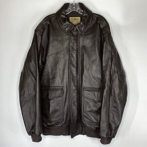 Vintage L.L. Bean Brown Goatskin Leather Bomber Flight Jacket Men's XL Tall - Picture 1 of 12